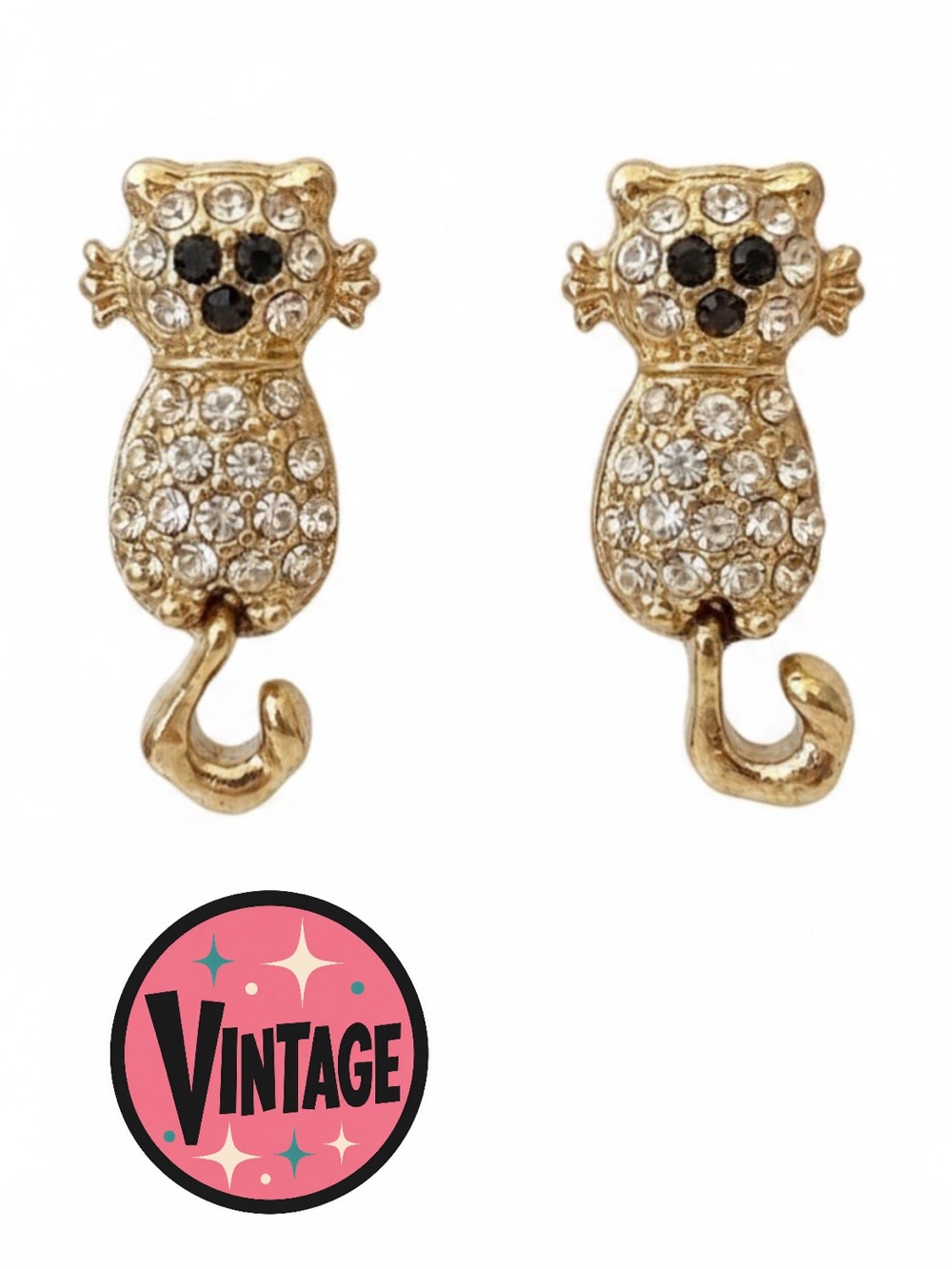 VTG, Sparkly, Rhinestone, Kitty Cat, Stud Earrings, Movable Tail, and 80/90 RARE